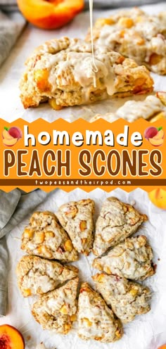 Add these Peach Scones to your best summer recipes! These homemade scones are fluffy, buttery, dotted with fresh peaches, and finished with a sweet honey vanilla glaze. Pin this delicious summer breakfast idea! Peach Cobbler Scones, Peach And Honey Recipes, Baking Recipes Peaches, Fresh Peach Scones Recipe, Nectarine Scones Recipe, Peach Scones Recipe Homemade, Sourdough Discard Peach Scones, Fresh Peach Scones, Peach Pie Scones