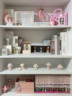 the shelves are filled with many different types of dolls and figurines on them