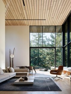 a modern living room with large windows and wood ceilinging, along with an area rug on the floor