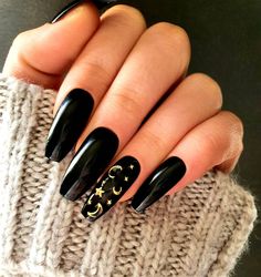 Black and Gold Moon & Stars PressOn Nails Etsy Black And Gold Moon Nails, Black Gold Star Nails, Black Nails Gold Accent, Black Nails With Accent Nail, Cute Dark Nails, Black And Gold Nails Acrylic, Nail Art Black And Gold, Moon And Stars Nails, Moon And Star Nails