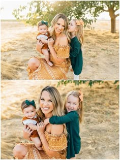 two girls and their mom are smiling for the camera while holding each other in her arms