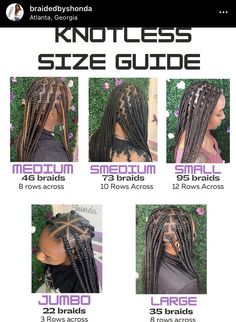 Sizes Of Knotless Braids, Knotless Braiding Pattern, Parting Sections For Box Braids, Hair Parting Guide For Braids, Different Box Braid Sizes, Braiding Hair Page Names, Parting Method For Box Braids, Braid Sizes Chart, Braid Section Guide