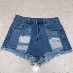 Nwot Never Worn Light Ripped Trendy Jean Shorts Blue Ripped Short Bottoms, Ripped Blue Short Bottoms, Blue Ripped High Waist Shorts, High Waist Ripped Blue Bottoms, Ripped Blue Shorts, Fitted Ripped Blue Shorts, Shein Shorts, Trendy Jeans, Jean Shorts