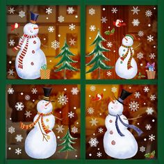 three snowmen in front of a window with christmas decorations on the windowsills