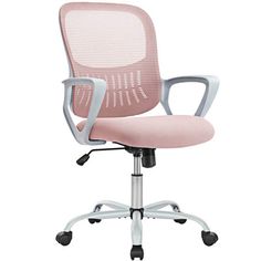 an office chair with wheels and pink upholstered fabric seat, viewed from the front