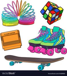 a skateboard, rubix cubes and other items to draw