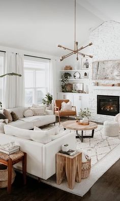 a living room filled with furniture and a fire place in the middle of a room