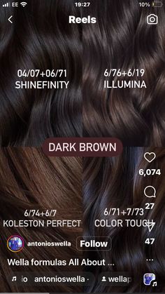 Dark Chocolate Color Hair, Wella Brown Hair Color Chart, Dark Chocolate Black Hair, Wella Hair Color Chart Brown, Brunette Hair Color Formulas, Brunette Hair Formulas, Dark Brown Hair Formula, Ash Brown Hair Formula