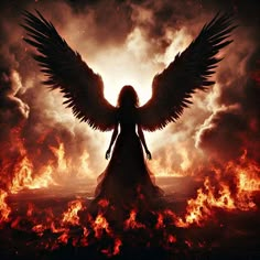 an angel standing in front of a fire filled sky