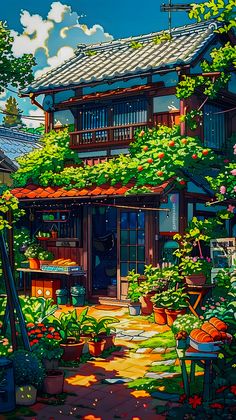 a painting of a house with lots of plants growing on the roof and around it