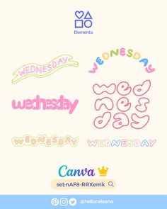 some type of stickers that are in different colors and font styles on a white background