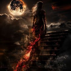 a woman standing on top of stairs in front of a full moon with red flames coming from her body