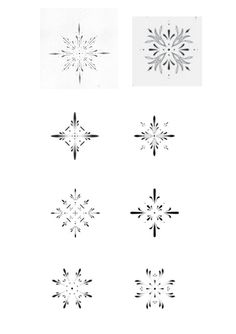 six snowflakes are shown in black and white