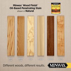 several different types of wood finish options for furniture and flooring materials, including white oak, red oak, yellow oak, black oak, or minwax