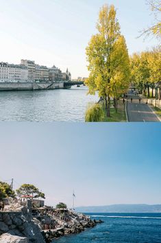 there are two different views of the water and buildings on the other side of the river