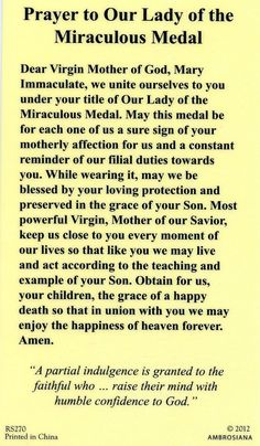 a prayer card with an image of the words pray to our lady of the immaculate