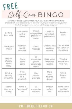 a free self care game with the words,'self care bingo'and an image of