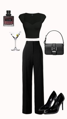 Jazz Club Date Night Outfit, Black Flirty Bodysuit For Date Night, Elegant Black Sets For Date Night, Chic Black Bodysuit For Date Night, Black One-shoulder Jumpsuit For Date Night, Casual Dinner Date Outfit, Classy Date Night Outfit, Bartender Outfit