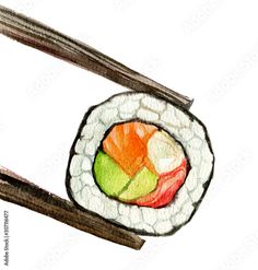 a drawing of sushi with chopsticks in it