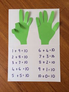 Trace hands, cut out & glue down, except for the fingers. Make sums to 10 & record underneath. Love it! 