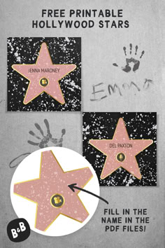 An example of our free printable Hollywood stars in use and a close-up showing how to fill in the Hollywood stars printable PDF Oscars Party Centerpieces, Hollywood Glamour Decor Party, Walk Of Fame Star Template, Diy Walk Of Fame Stars, Diy Hollywood Star, Hollywood Movie Premiere Party, Diy Hollywood Stars Walk Of Fame, Hollywood Parade Float Ideas, Hollywood Banquet Theme