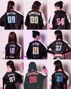 the back of several different jackets with numbers on them, all in black and white