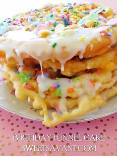 birthday funnel cake with sprinkles and white frosting