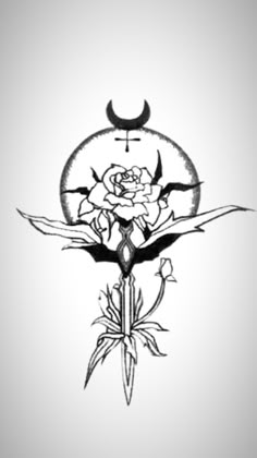 a drawing of a rose with a crescent on it and a knife in the middle