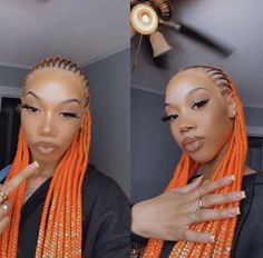 Orange Feed In Braids, Orange Cornrows, Straight Back Feed In Braids With Color, Orange And Black Braids, Colored Cornrow Braids, Cornrows With Color, Orange And Blonde Braids, Corn Roll Hair Styles, Orange Braids