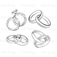 four wedding rings with one diamond on top and two in the middle, drawn by hand