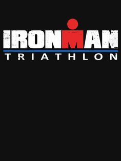 the iron man triathlonon logo on a black background with red, white and blue letters