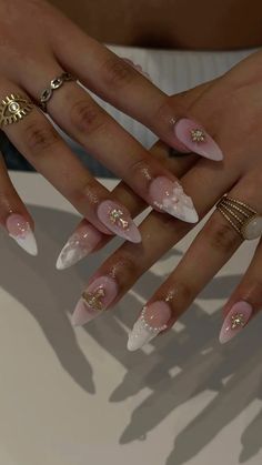 Almond french tip w charms Almomd Nails, Almond French Tip, Entitled Parents, Almond Nails Pink, Pink Tip Nails, Coquette Nails, Emerald Nails, Multicolored Nails