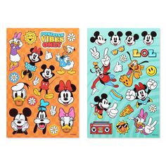 two mickey and minnie mouse stickers next to each other on an orange background, one with