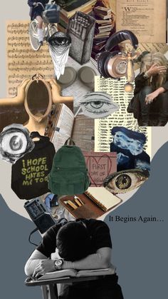 a collage of various items including an eye, books, and other things in black and white