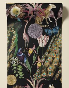 a wall hanging with an image of birds, flowers and other animals on it's side