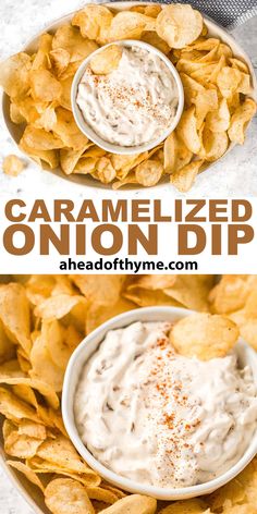 an image of homemade caramelized onion dip in a bowl with chips on the side