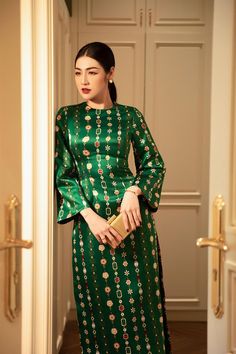 Callie Fitted Round Neck Organdy Ankle Length Ao Dai MEAN BLVD Sea Fashion, East Timor, Green Tone, Green Tones, Gray Green, The Outfit, Sleeve Designs, Flared Sleeves, Green Orange