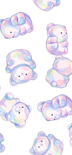 the teddy bears are all pastel pink and blue with iridescents on them