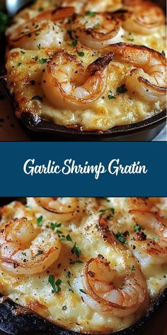 garlic shrimp gratin in a skillet with cheese and herbs