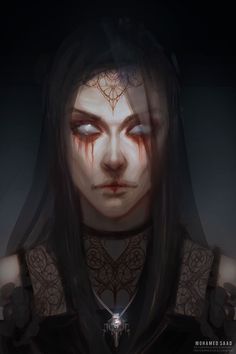 a woman with blood on her face and eyes