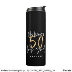 a black and gold coffee can with the words 50 years love story written on it