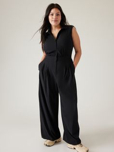 Brooklyn Heights Wide Leg Jumpsuit | Athleta Black Stretch Jumpsuit With Pockets, Black Wide Leg Jumpsuits And Rompers For Loungewear, Black Solid Color Jumpsuit For Loungewear, Non-stretch Wide Leg Jumpsuits And Rompers With Pockets, Chic Black Non-stretch Jumpsuit/romper, Stretch Jumpsuit, Travel Fashion Girl, Cozy Dress, Brooklyn Heights