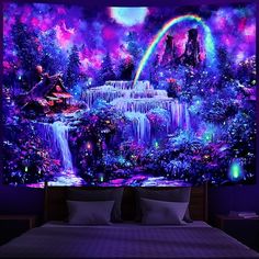 a bed room with a large painting on the wall next to a night time scene