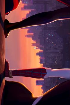 the animated spider - man is standing in front of a cityscape at sunset