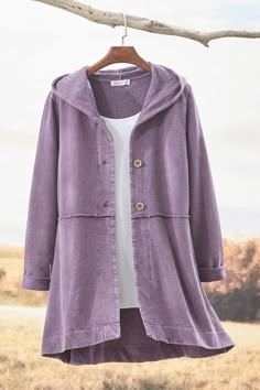 Our remarkably soft hooded cardigan is garment-dyed for vintage-look color and lived-in appeal. Easy-draping A-line silhouette with 3-button closure, on-seam pockets, high-low hem and raw-edge seams. Gifts For Women Over 50, Coldwater Creek Outfits, Hooded Cardigan Pattern, Granny Chic Fashion, Belly Fat Overnight, Dress Better, Clothes For Women Over 50, Denim Vests, Topper Wedding