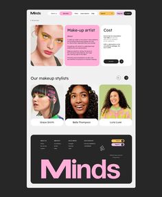 the website design for minds is shown in pink and black, with images of women's hair