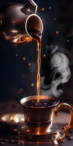 coffee being poured into a cup on top of a saucer with steam rising from it