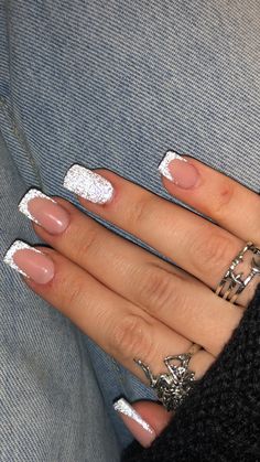 Short Acrylic Nails Designs Wedding, Classy Nails For Vegas, Vegas Nails Square, Short Sparkle Acrylic Nails, Sparky French Nails, 25th Birthday Nails Short, Acrylic Nails Ideas For Wedding, Spring Nails 2023 Gel Short Square French, 21st Birthday Nail Ideas Short