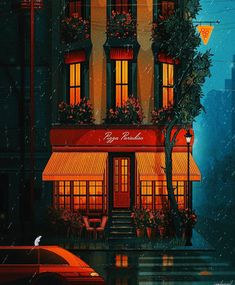 a painting of a building with red lights on it's windows, and a car parked in front