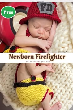 a newborn baby wearing a fireman hat and diaper